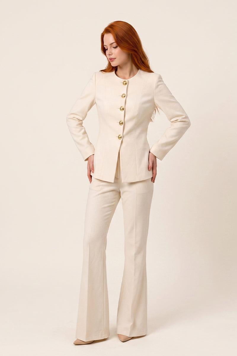 Gold Button Minimalist Round Neck Tailored Pants Sets