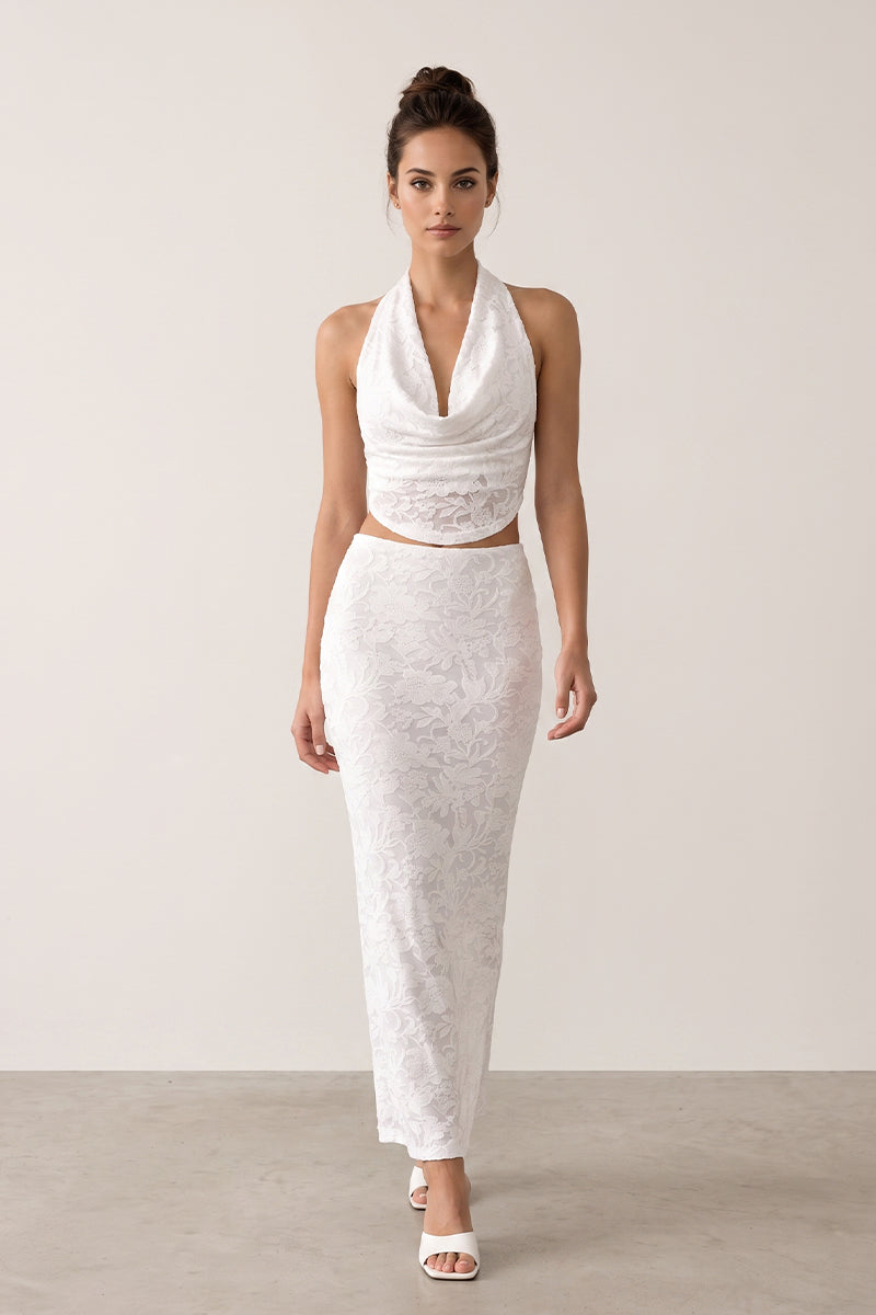 Cowl Neck Backless Lace Jacquard Tailored Skirt Sets