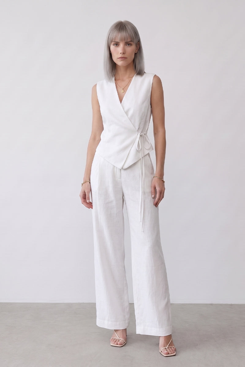 V Neck Wrap Tie Wide Leg Tailored Sets