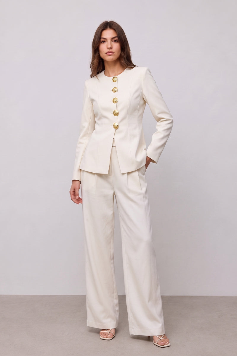 Gold Button Minimalist Round Neck Tailored Pants Sets