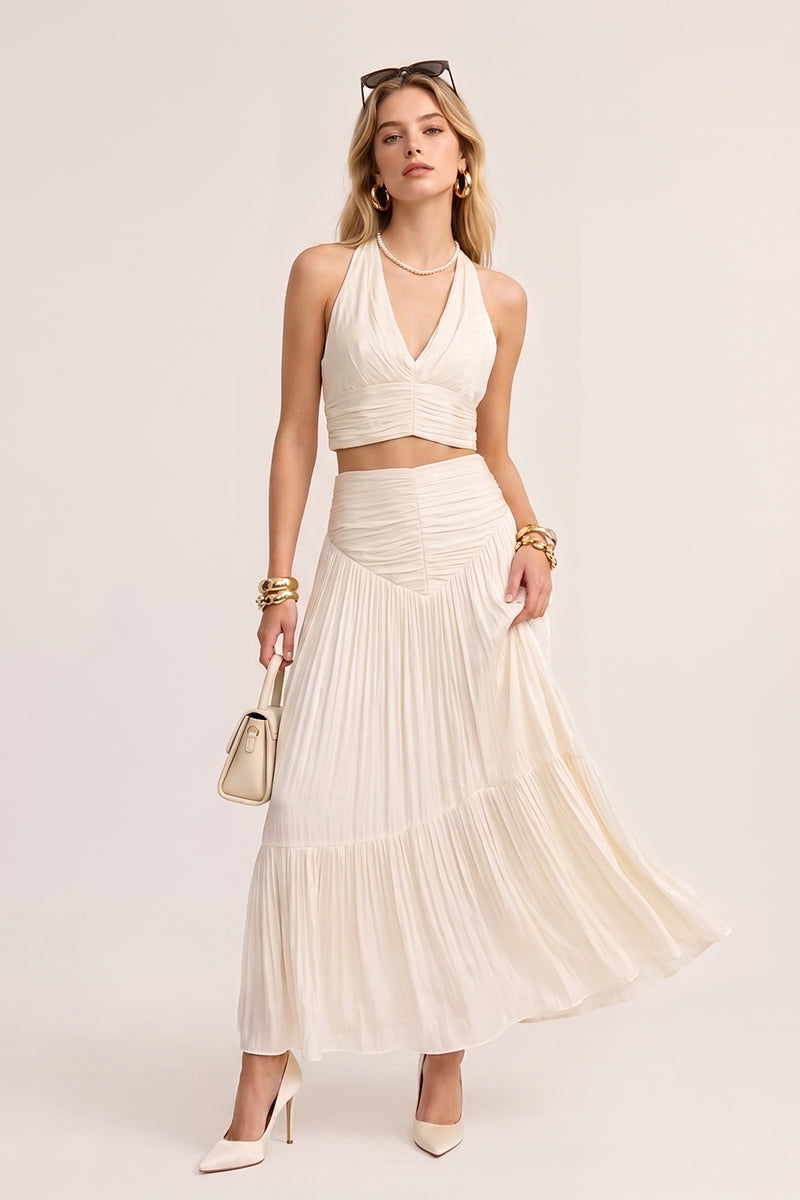 Halter Backless Zipper Pleated Tailored Maxi Skirt Sets