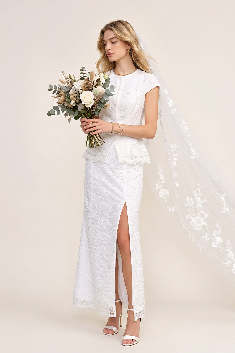 Round Neck Lace Peplum Slit Skirt Tailored Sets