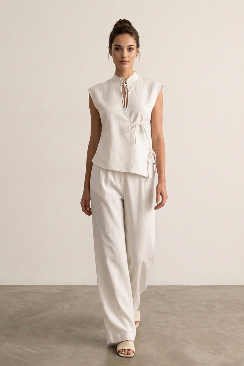 Mandarin Collar Tie Front Wide Leg Pants Tailored Sets
