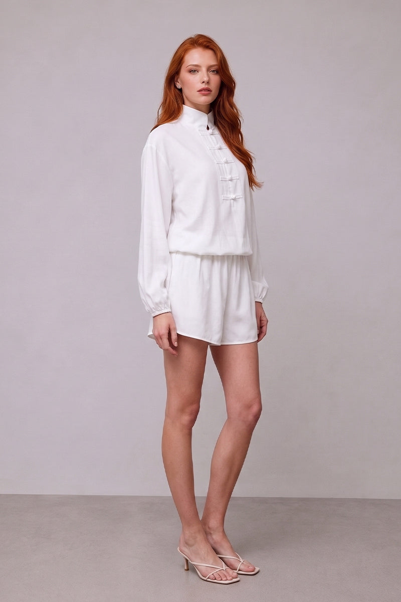 Mandarin Collar Long Sleeve Tailored Shorts Sets