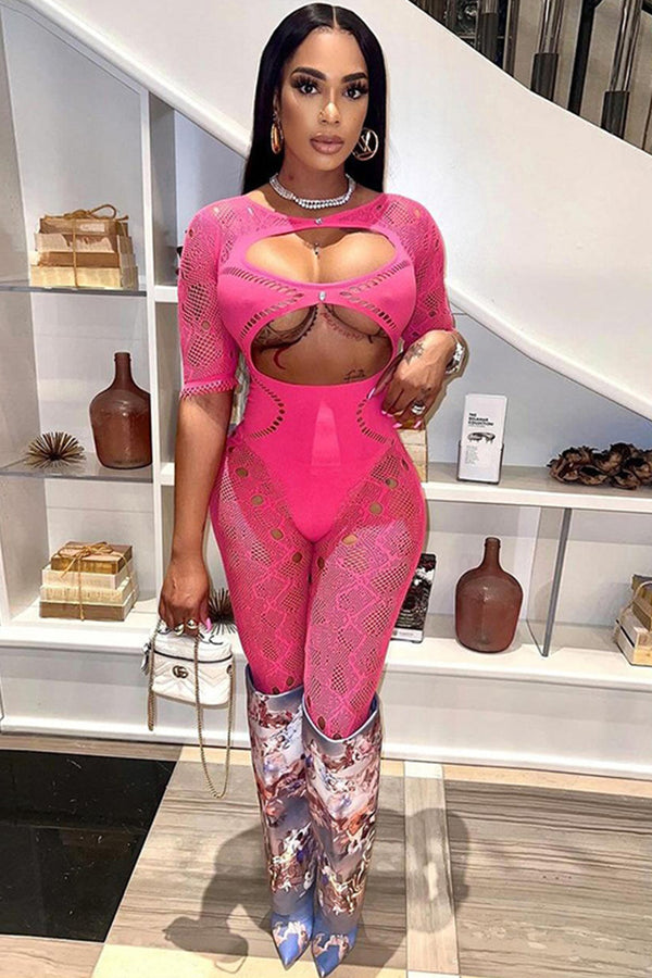 Short Sleeve Lace Cutout Mesh Bodycon Jumpsuit