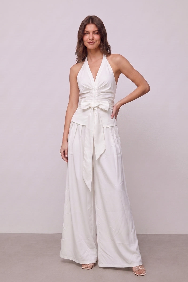 V Neck Ruched Tie Wide Leg Tailored Sets