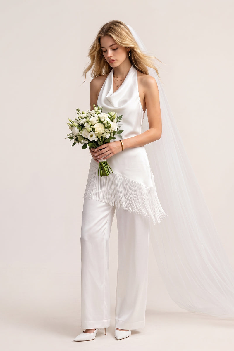 Cowl Neck Backless Fringe Hem Tailored Pants Sets
