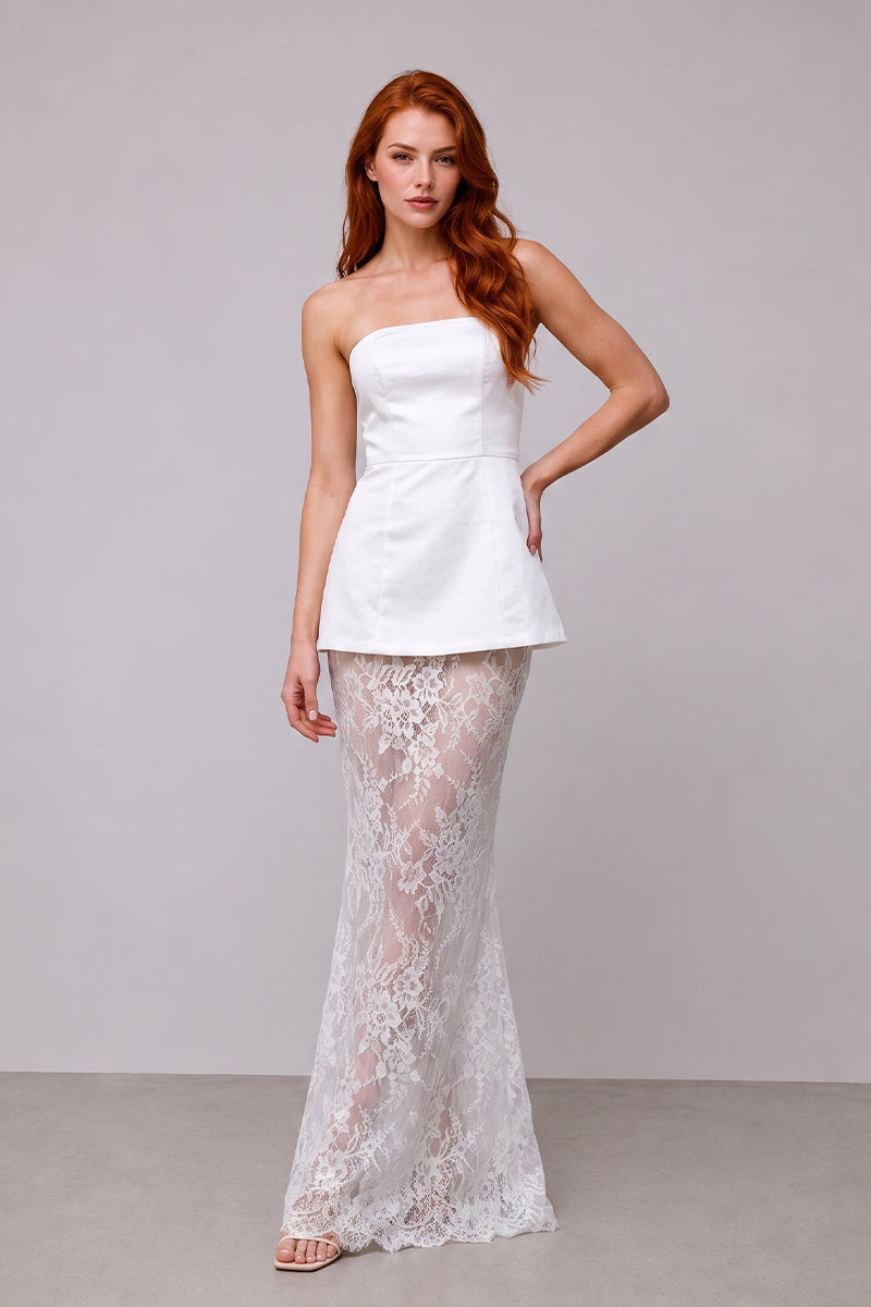 Strapless Peplum Detailed Lace Splicing Tailored Skirt Sets