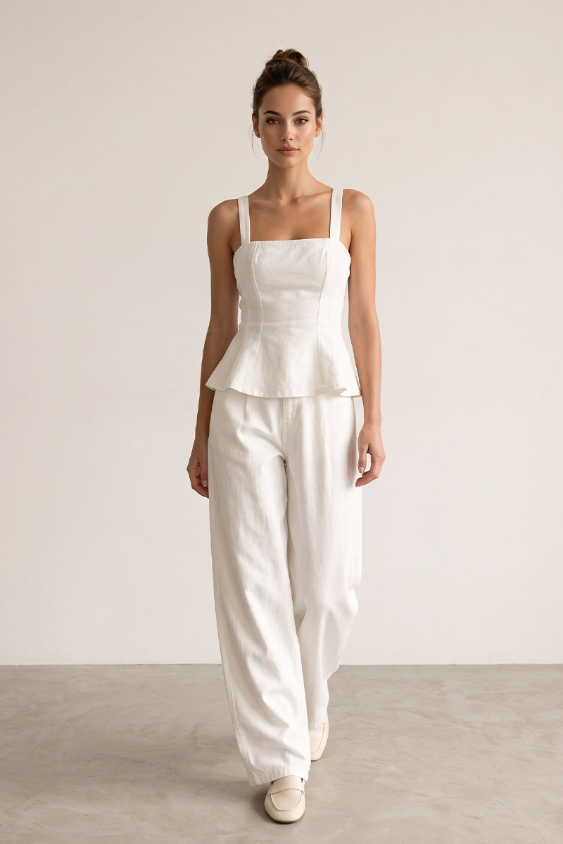 Square Neck Ruffle Vest Wide Leg Pants Tailored Sets
