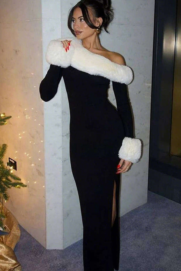Slant Neck Faux Fur Knit Maxi Dress