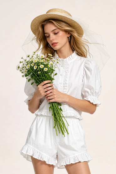 Puff Sleeve Cotton Set Beach Lined