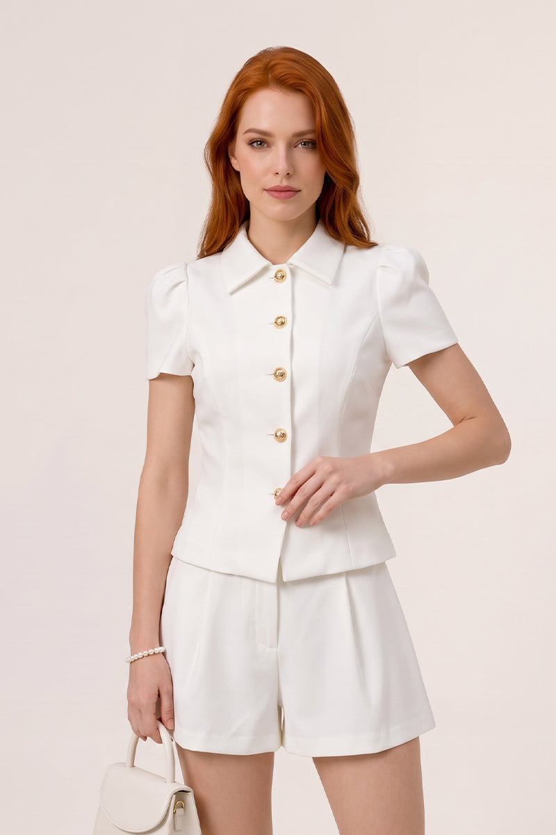 Button Down Peplum Shorts Set Date Elegant
