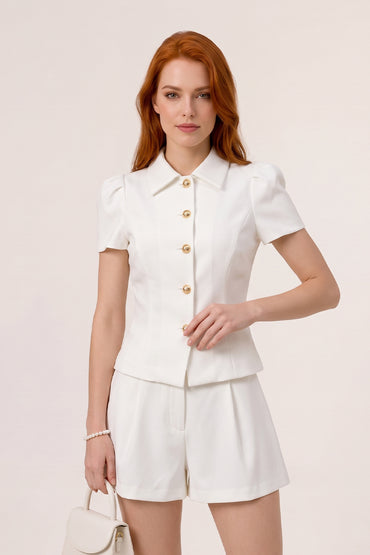 Button Down Peplum Shorts Set Date Elegant