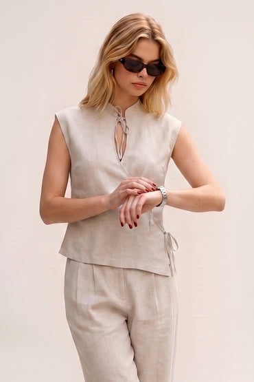 Mandarin Collar Tie Front Wide Leg Pants Tailored Sets