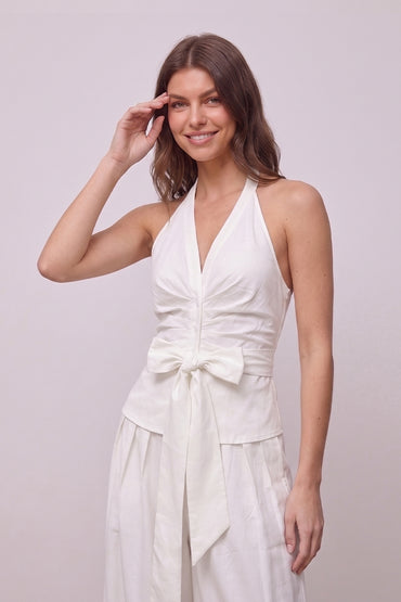 V Neck Ruched Tie Wide Leg Tailored Sets