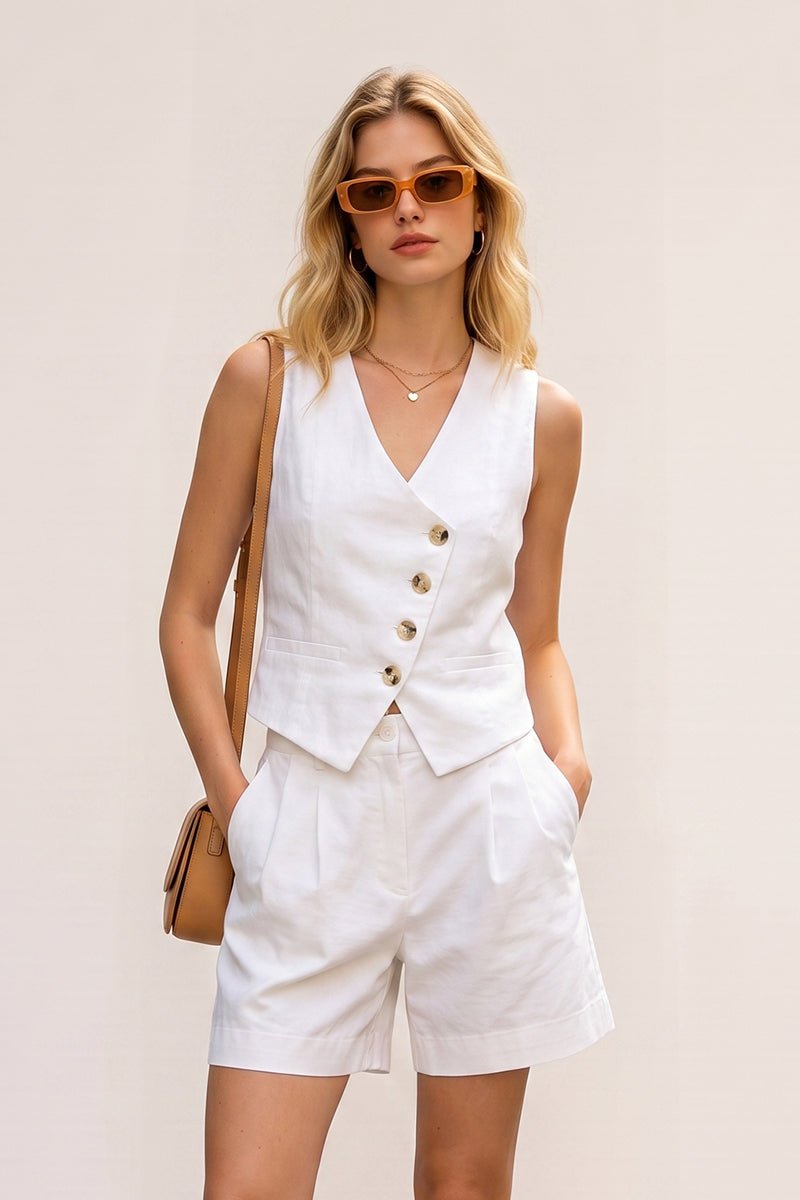 V Neck Asymmetric Button Pleated Tailored Shorts Sets