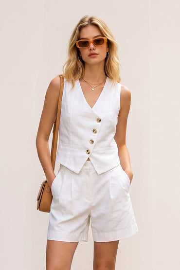 V Neck Asymmetric Button Pleated Tailored Shorts Sets