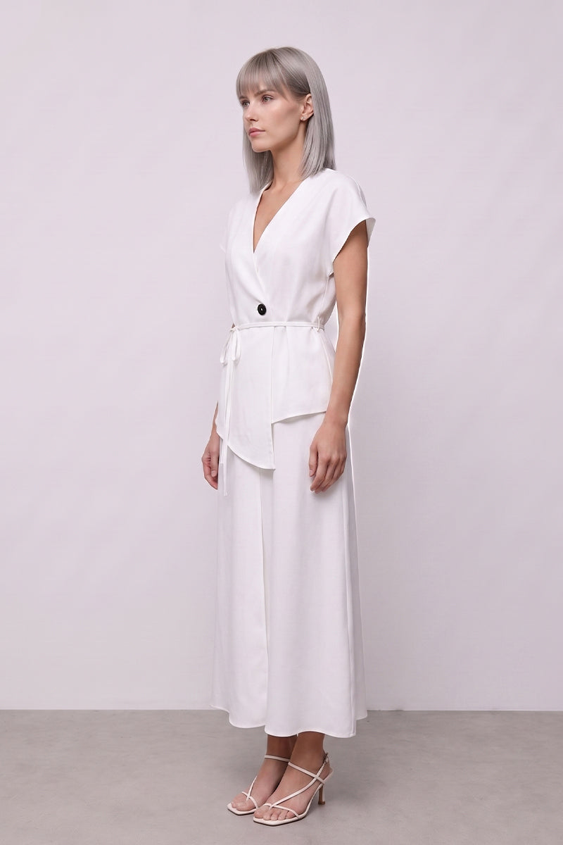 V Neck Tie Waist Tailored Skirt Sets
