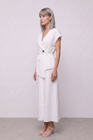 V Neck Tie Waist Tailored Skirt Sets