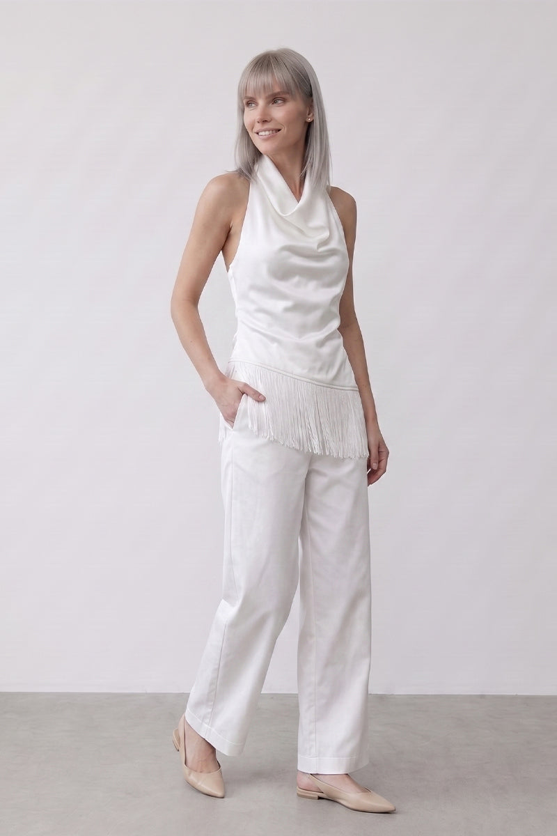 Cowl Neck Backless Fringe Hem Tailored Pants Sets
