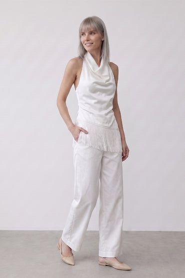 Cowl Neck Backless Fringe Hem Tailored Pants Sets