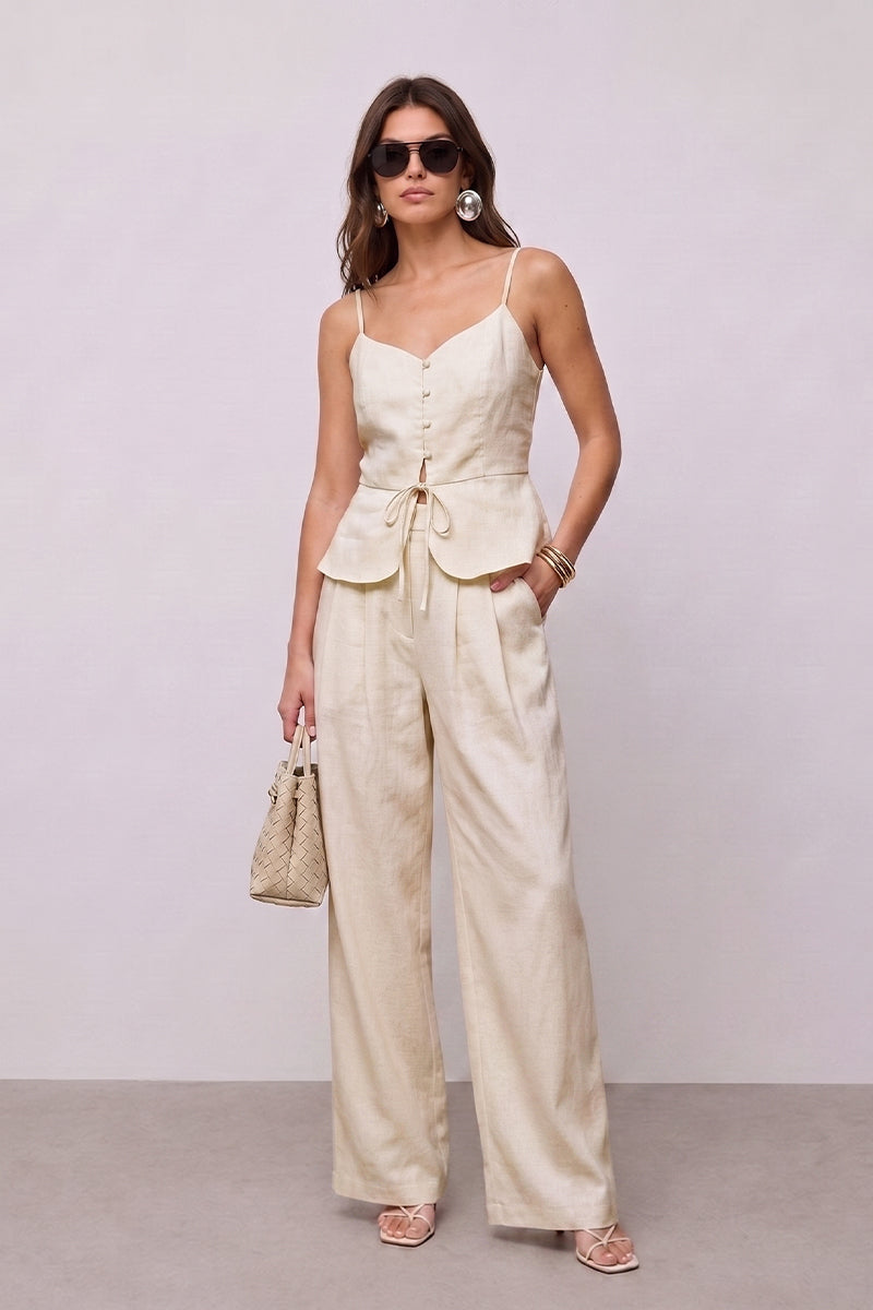Linen Camisole Peplum Wide Leg Tailored Pant Sets