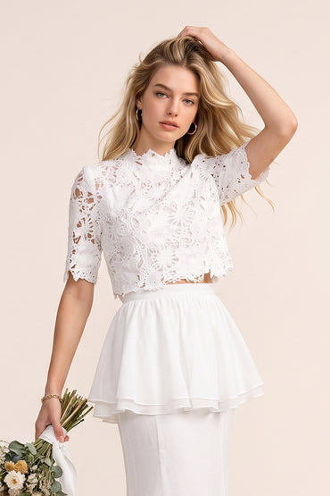 Mock Neck Lace Peplum Tailored Maxi Skirt Sets