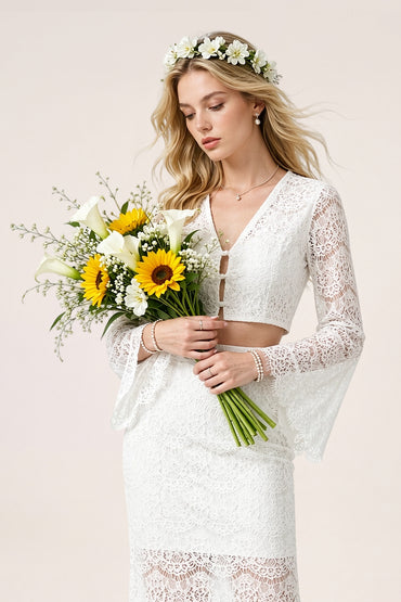 Bell Sleeve Lace Maxi Set Vacation Lined
