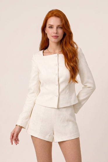Asymmetric Neck Long Sleeve Tailored Shorts Sets