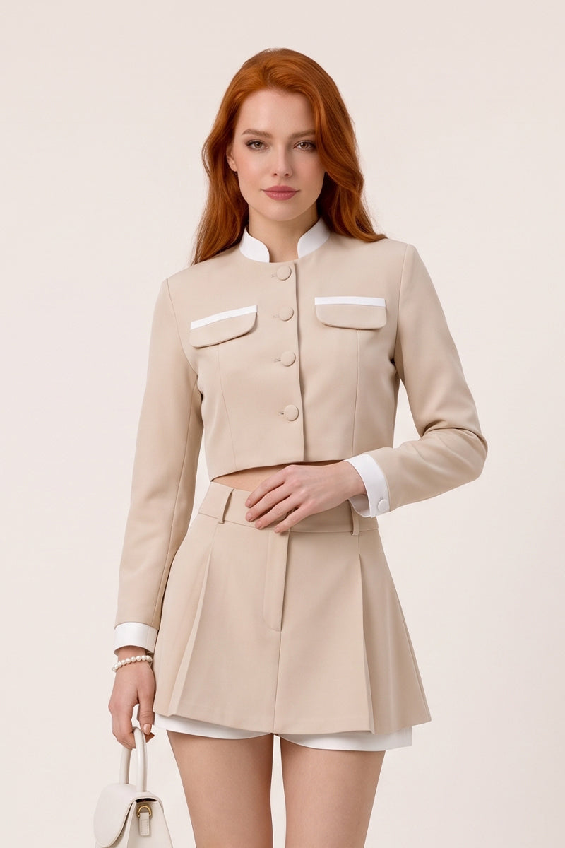 Cropped Blazer Pleated Skirt Set Office Wrinkle Free