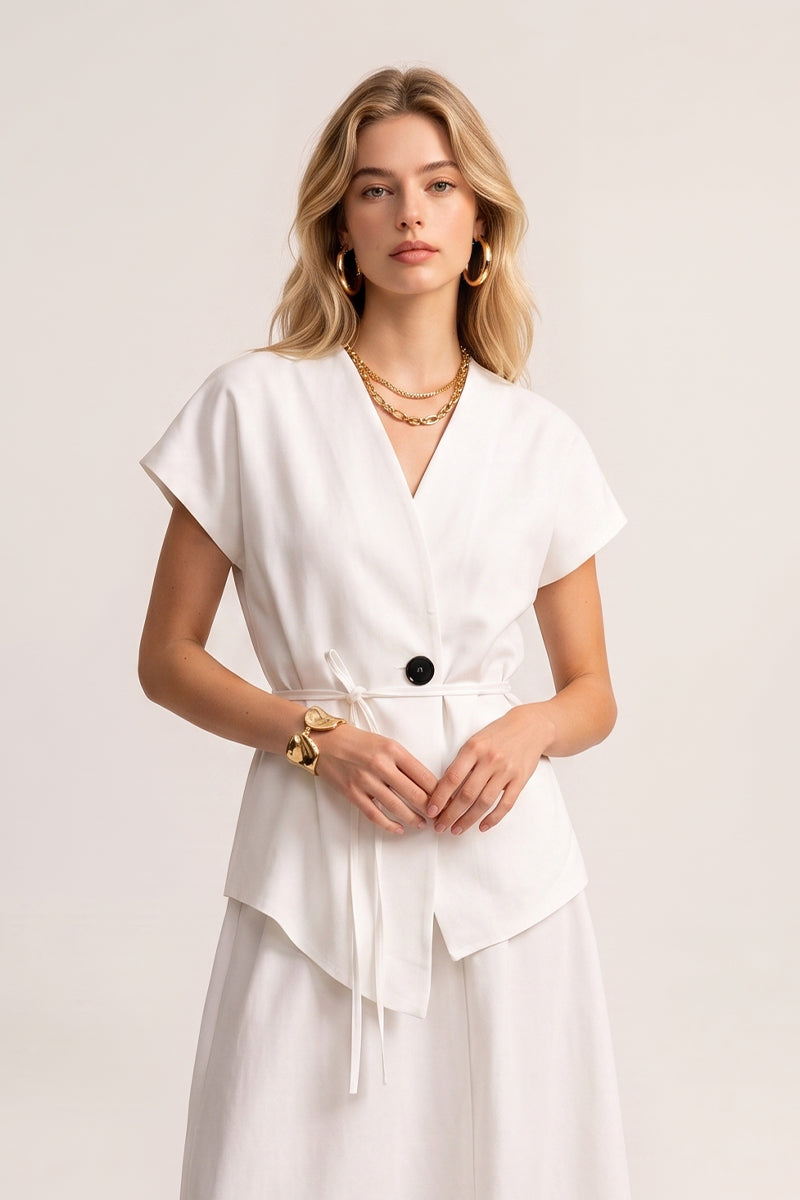V Neck Tie Waist Tailored Skirt Sets
