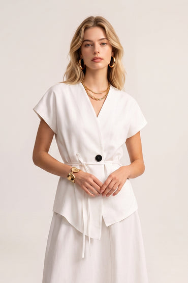 V Neck Tie Waist Tailored Skirt Sets