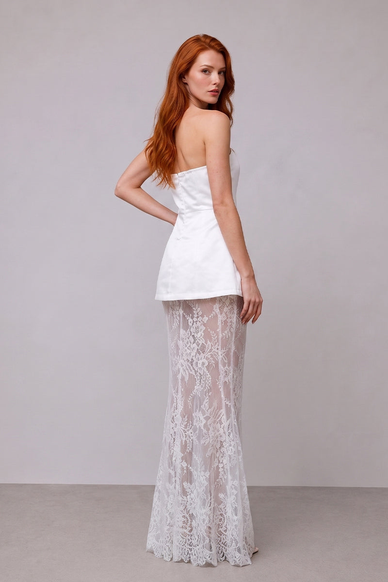 Strapless Peplum Detailed Lace Splicing Tailored Skirt Sets