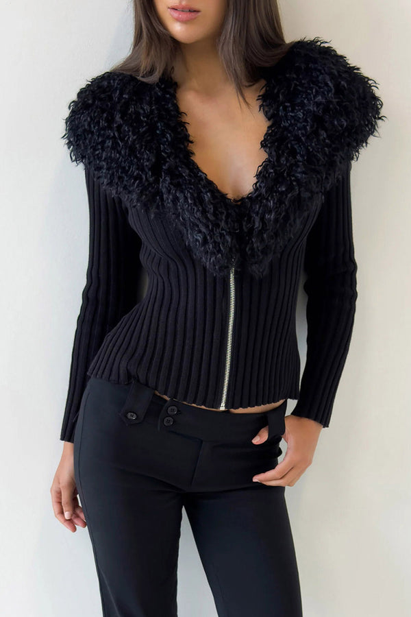 Faux Fur Trim Ribbed Zipper Cardigan