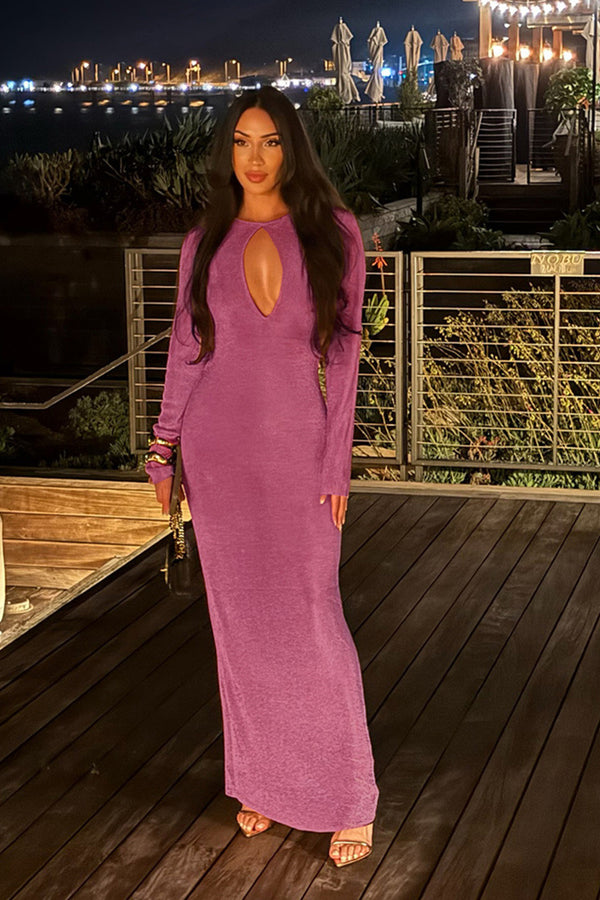 Round Neck Long Sleeve Cutout Sequin Maxi Dress