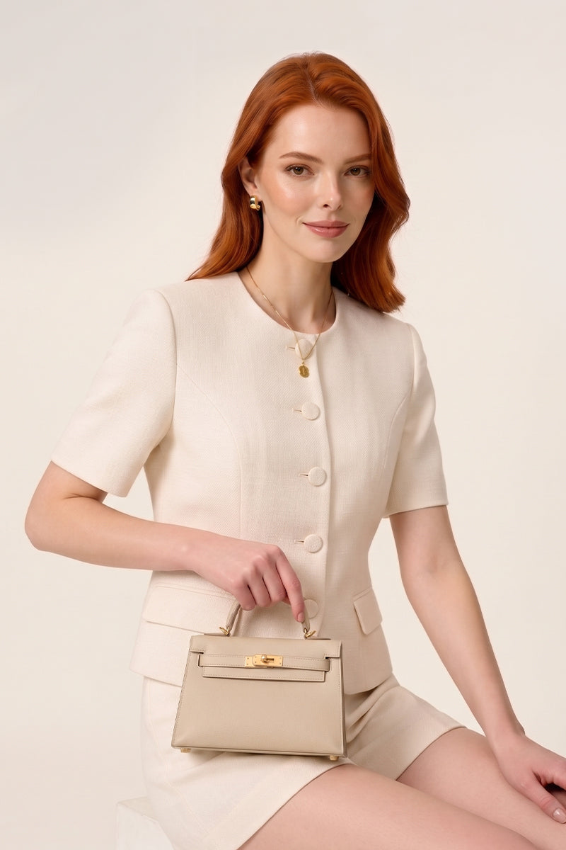 Round Neck Short Sleeve Button Tailored Shorts Sets