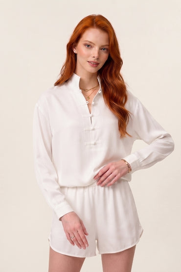 Mandarin Collar Long Sleeve Tailored Shorts Sets