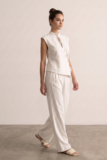 Mandarin Collar Tie Front Wide Leg Pants Tailored Sets