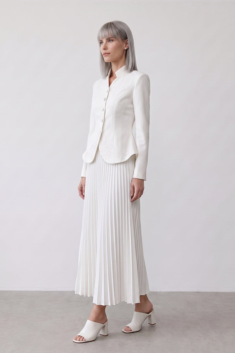 Mock Neck Embroidered Pleated Tailored Skirt Sets