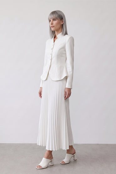 Mock Neck Embroidered Pleated Tailored Skirt Sets
