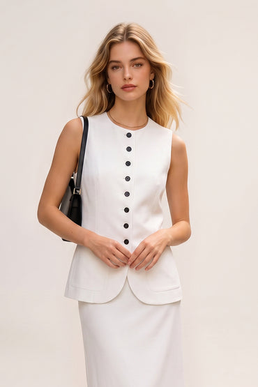 Round Neck Sleeveless Button Down Tailored Skirt Sets