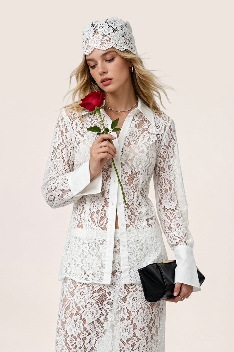 Lace Button Down Skirt Set Beach Chic