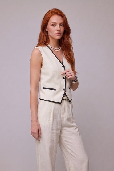 Contrast Trim Vest Wide Leg Tailored Pants Sets