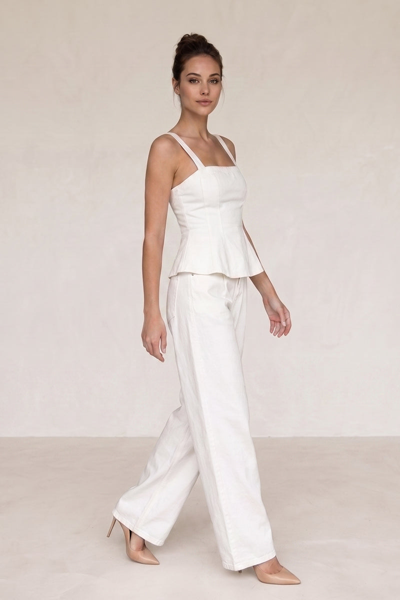 Square Neck Ruffle Vest Wide Leg Pants Tailored Sets