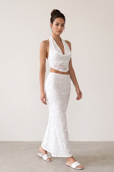 Cowl Neck Backless Lace Jacquard Tailored Skirt Sets