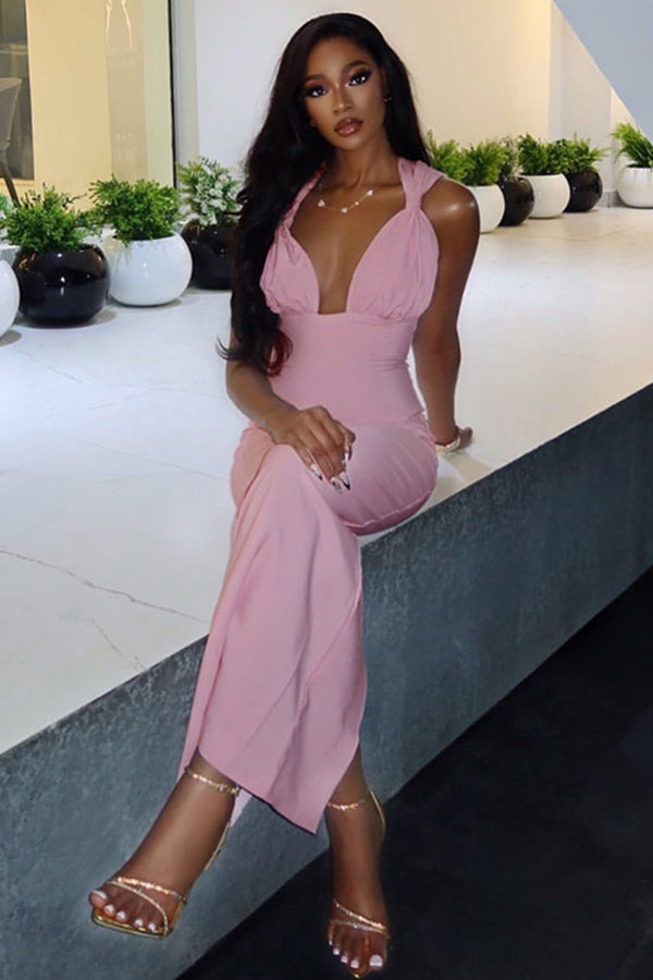 V Neck Sleeveless Ruched Bodycon Dress