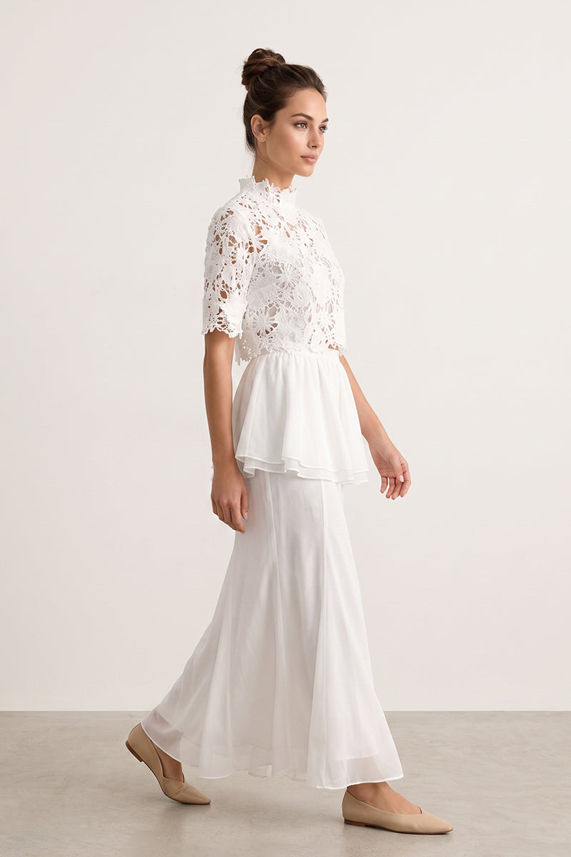 Mock Neck Lace Peplum Tailored Maxi Skirt Sets