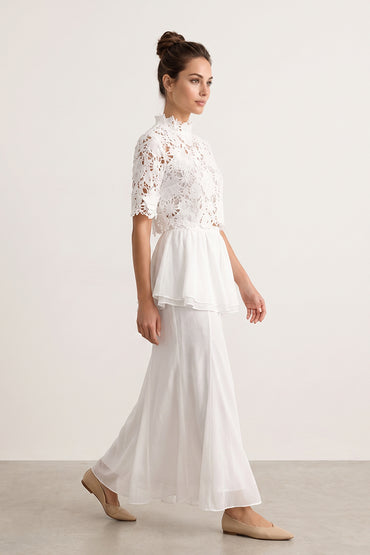 Mock Neck Lace Peplum Tailored Maxi Skirt Sets
