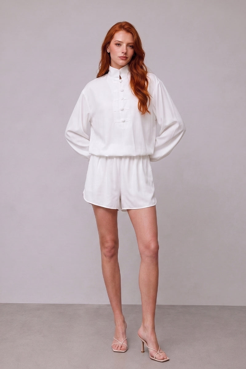 Mandarin Collar Long Sleeve Tailored Shorts Sets