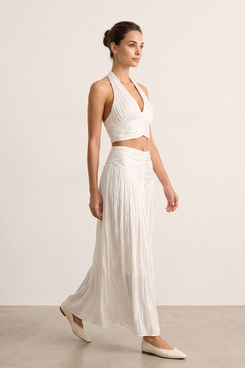 Halter Backless Zipper Pleated Tailored Maxi Skirt Sets